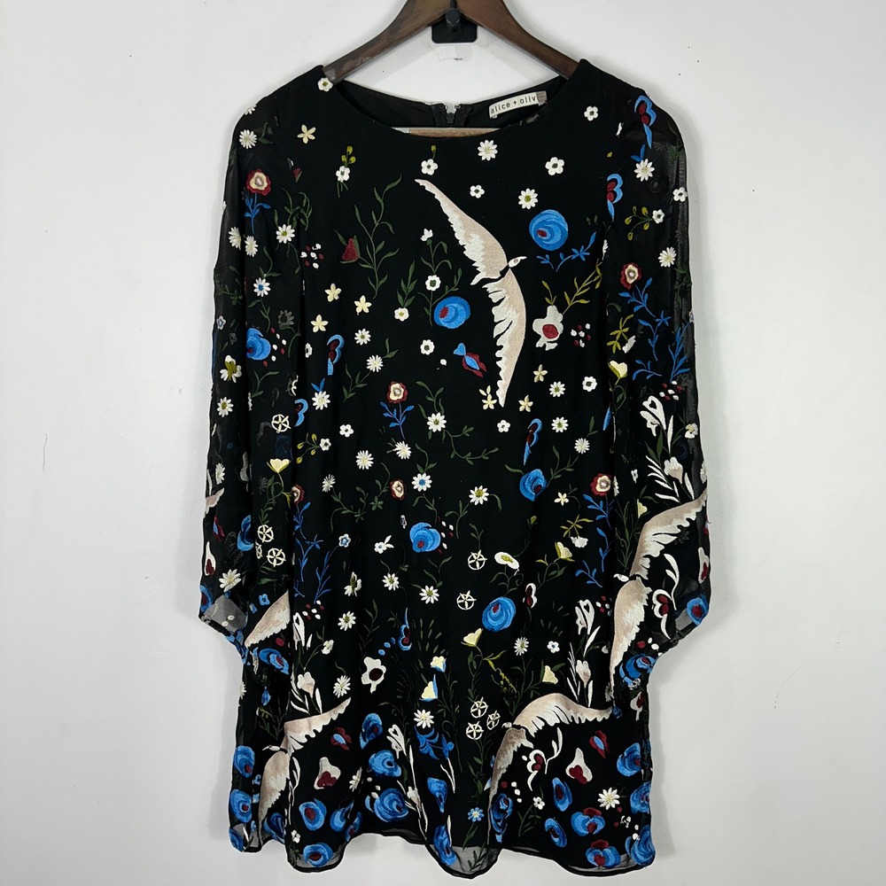 Alice + Olivia Eleonora Silk Embroidered Floral Bird Flare Sleeve Shift Dress S - Picture 2 of 9
